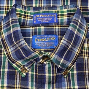 Sir Pendleton Plaid Shirt Men Large Blue Green 100% Pure Virgin Wool Office